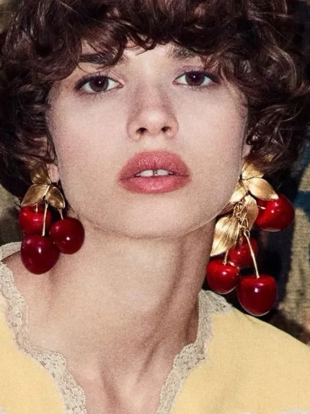 Vintage Red Cherry Cluster Drop Earrings with Gold Leaves